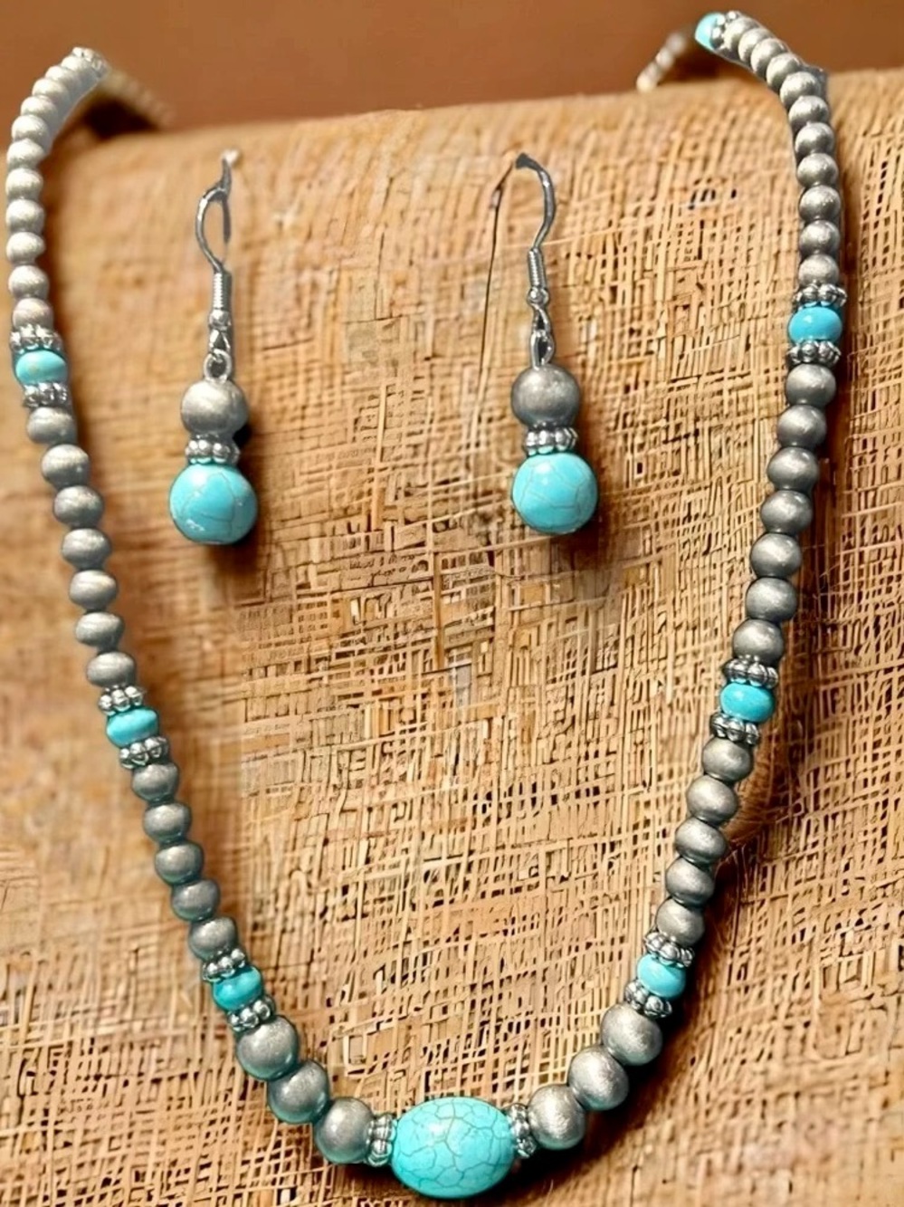 Turquoise and Hematite Bead Necklace & Earring Set